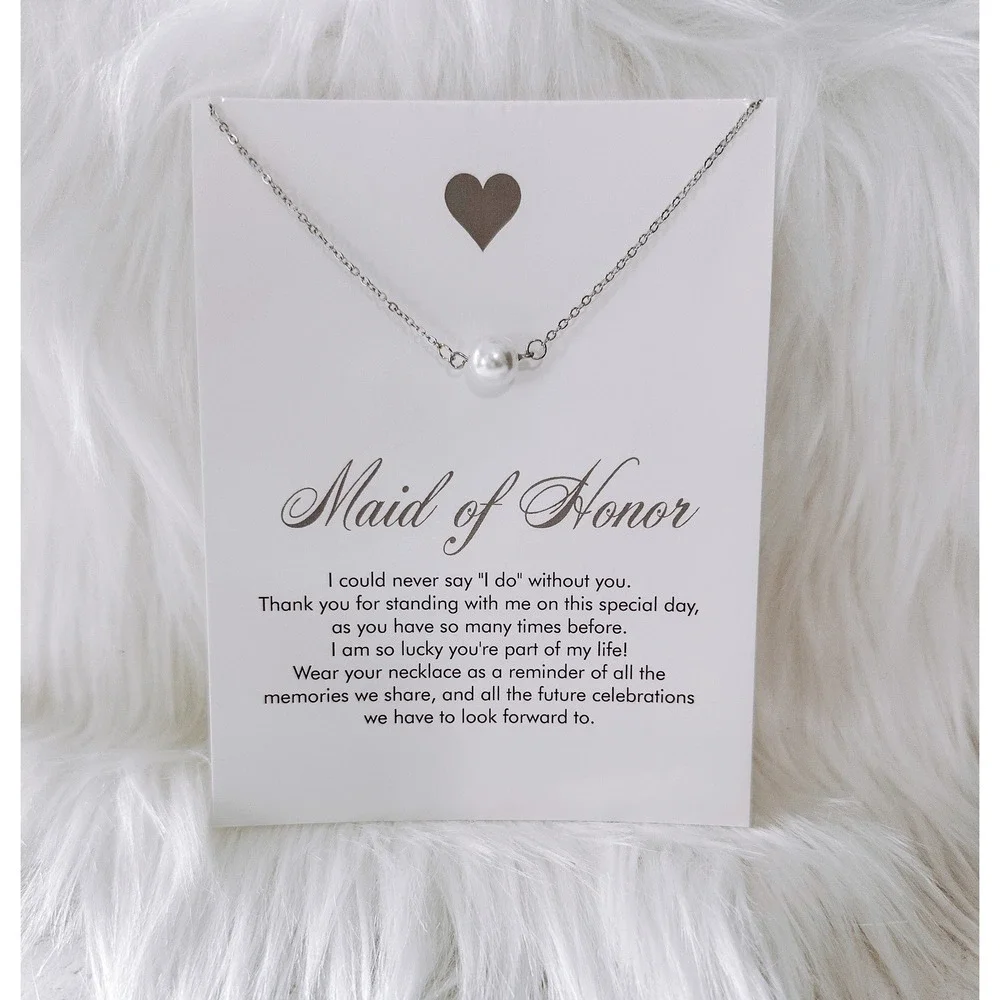 Maid of Honor Pearl Necklace Gift Set Wedding Jewelry Minimalist Silver Gold